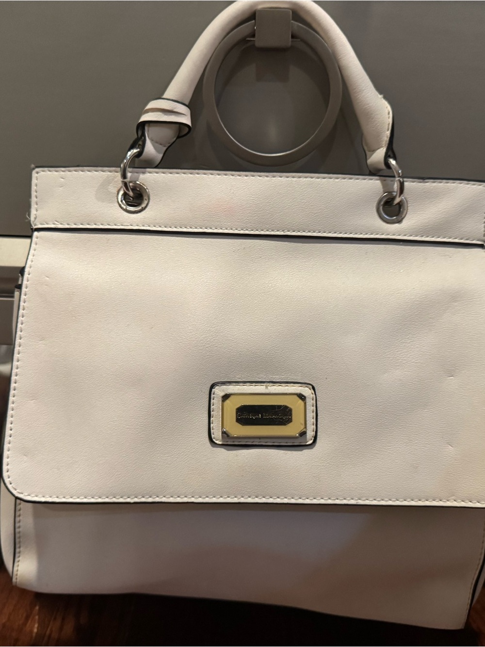 Catherine Malandrino White Top-Handle Satchel with Gold Plaque